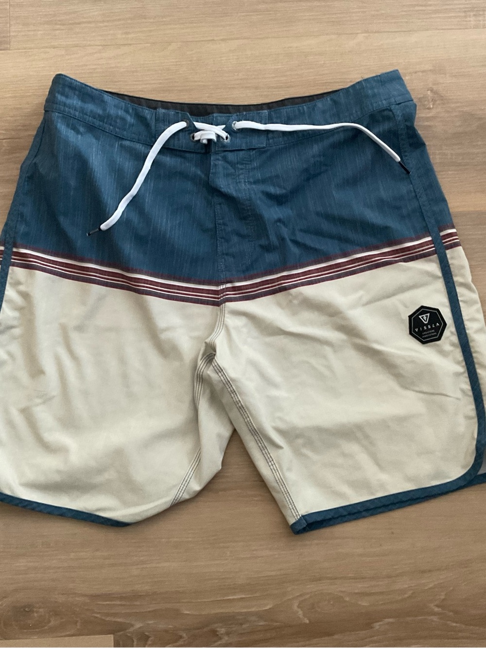 VISSLA Teal and Cream Colorblock Boardshorts with Maroon Stripe